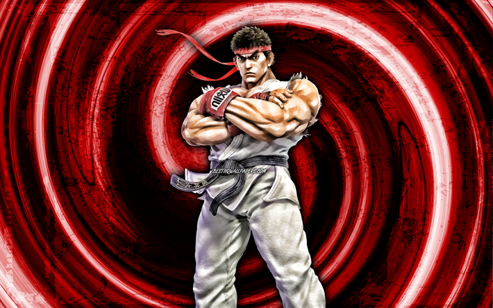 4k, Ryu, r&#246;d grungebakgrund, krigare, Street Fighter, protagonist, virvel, Abundant, Ryu Street Fighter