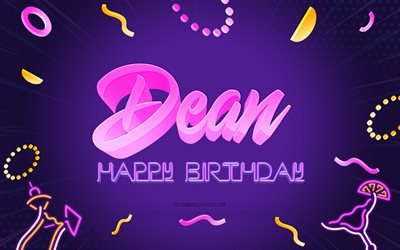 誕生日おめでとう, 4k, 紫のパーティーの背景, ディーン, クリエイティブアート, ディーンの誕生日おめでとう, ディーンネーム, ディーンの誕生日, 誕生日パーティーの背景
