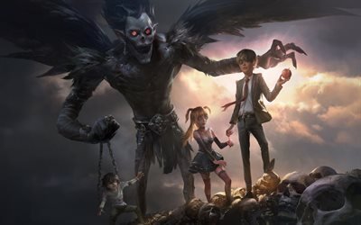 Death Note, Ryuk, Light Yagami, Amane Misa, L Lawliet, Death Note characters, japanese manga, anime characters