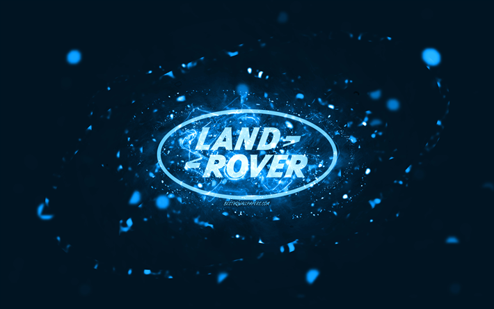 ランドローバーブルーのロゴ, 4k, 青いネオンライト, creative クリエイティブ, 青い抽象的な背景, ランドローバー, 車のブランド, ランド・ローバー