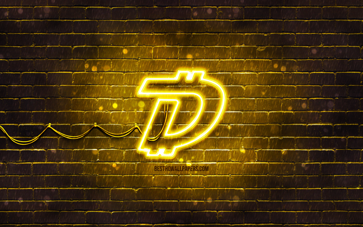 DigiByteの黄色のロゴ, 4k, DGB, 黄色のレンガの壁, DigiByteロゴ, 仮想通貨, DigiByteネオンロゴ, DigiByte