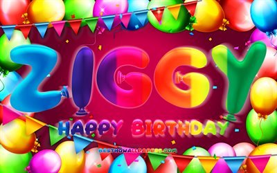 お誕生日おめでとうジギー, 4k, カラフルなバルーンフレーム, ジギー名, 紫の背景, ジギーお誕生日おめでとう, ジギーバースデー, 人気のドイツの女性の名前, 誕生日のコンセプト, ジギー