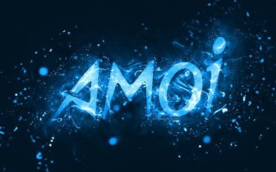 Amoi bl&#229; logotyp, 4k, bl&#229; neonljus, kreativ, bl&#229; abstrakt bakgrund, Amoi logotyp, varum&#228;rken, Amoi
