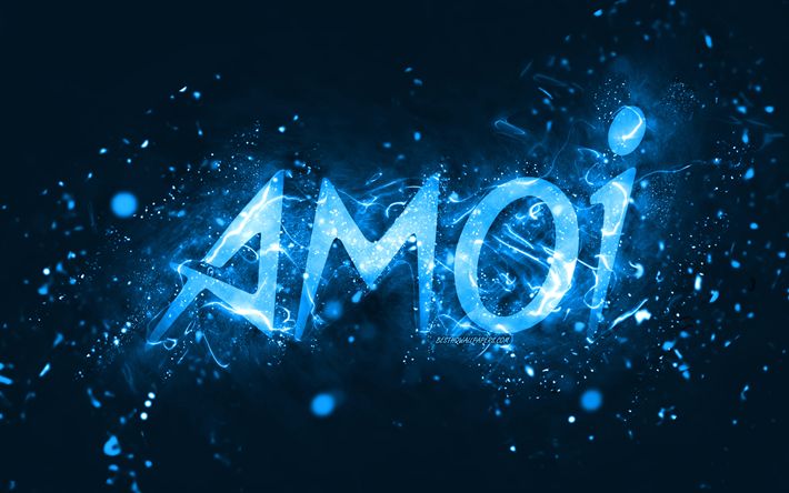 Amoi sininen logo, 4k, siniset neon valot, luova, sininen abstrakti tausta, Amoi logo, tuotemerkit, Amoi