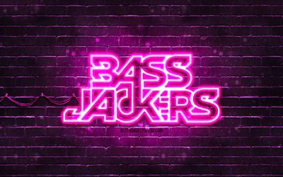 Bassjackers violetti logo, 4k, supert&#228;hdet, hollantilaiset DJ:t, violetti tiilisein&#228;, Bassjackers logo, Marlon Flohr, Ralph van Hilst, Bassjackers, musiikin t&#228;hdet, Bassjackers neon logo