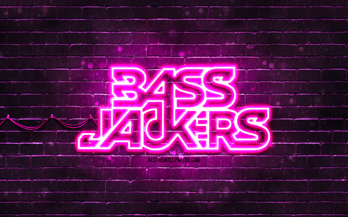 Logotipo p&#250;rpura de bassjackers, 4k, superestrellas, DJ holandeses, pared de ladrillo p&#250;rpura, logotipo de Bassjackers, Marlon Flohr, Ralph van Hilst, Bassjackers, estrellas de la m&#250;sica, logotipo de ne&#243;n de Bassjackers
