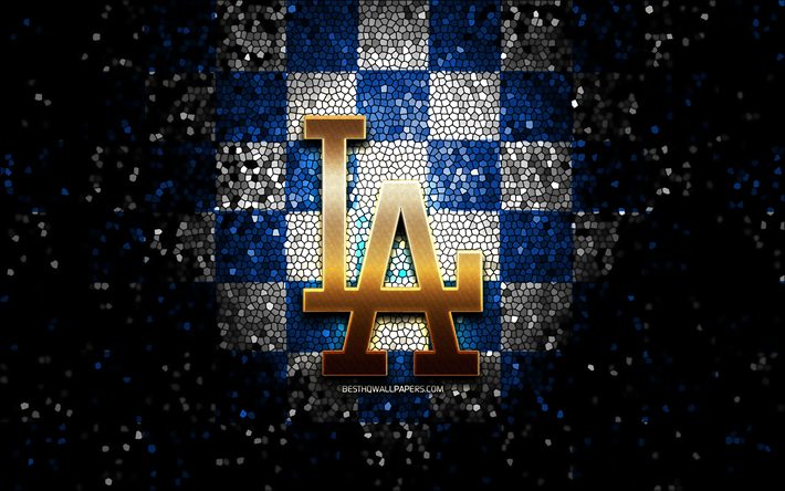 Los Angeles Dodgers emblem, glitter logo, MLB, blue white checkered background, american baseball team, Major League Baseball, mosaic art, baseball, Los Angeles Dodgers, LA Dodgers