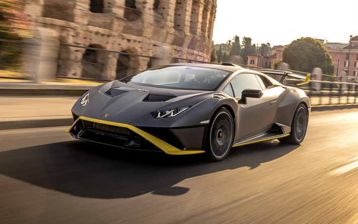 4k, Lamborghini Huracan STO, 2021, superauto, ulkoa, Huracan tuning, harmaa Huracan, italialaiset urheiluautot, Lamborghini