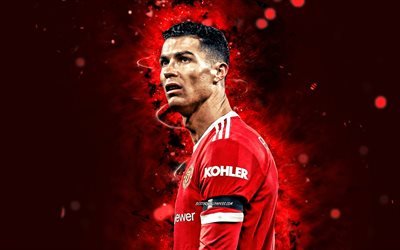 Cristiano Ronaldo, close-up, 4k, Manchester United FC, luces de neón rojas, estrellas de fútbol, CR7, Manchester United, Cristiano Ronaldo Manchester United, CR7 Man United, Cristiano Ronaldo 4K