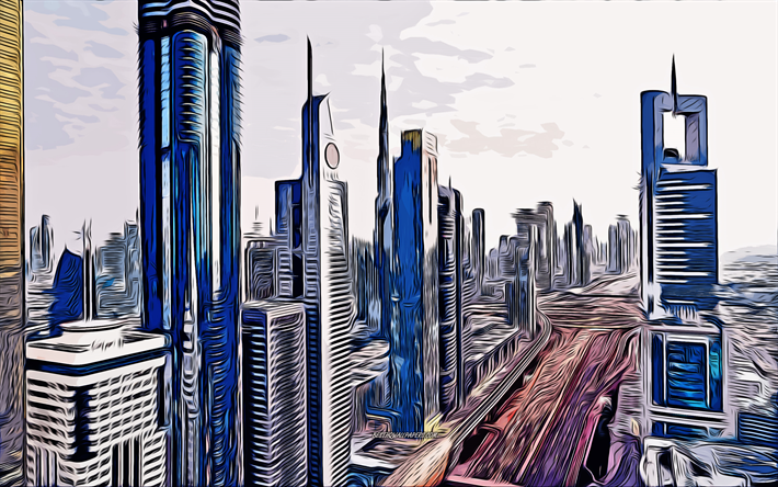 dubai, wolkenkratzer, 4k, vektorgrafiken, dubai-zeichnung, kreative kunst, dubai-kunst, vektorzeichnung, abstraktes stadtbild, skyline von dubai, vereinigte arabische emirate, stadtbild von dubai