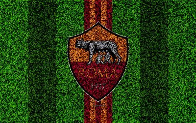 L&#39;as Roma, 4k, logo, football pelouse, italien, club de football, rouge, jaune lignes, de l&#39;embl&#232;me, de l&#39;herbe, de la texture, de la Serie A, Rome, Italie, le football, le FC Roma