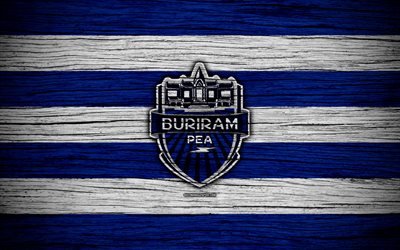 Buriram United FC, 4k, Thai League 1, futebol, clube de futebol, Tail&#226;ndia, Buriram United, logo, textura de madeira, FC Buriram United