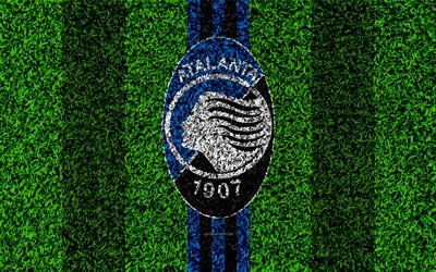 Atalanta BC, 4k, logo, jalkapallo nurmikko, Italian football club, sininen musta linjat, tunnus, ruohon rakenne, Serie, Bergamo, Italia, jalkapallo, Atalanta FC
