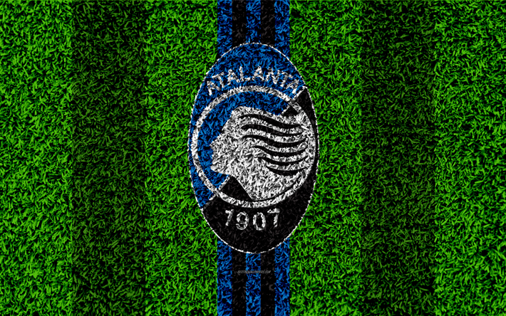 Atalanta BC, 4k, logo, jalkapallo nurmikko, Italian football club, sininen musta linjat, tunnus, ruohon rakenne, Serie, Bergamo, Italia, jalkapallo, Atalanta FC