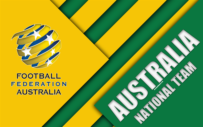 Australien fotboll landslaget, 4k, emblem, Asien, material och design, gul gr&#246;n abstraktion, Fotbollsf&#246;rbundet Australien, FFA, logotyp, Australien, fotboll, vapen