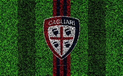 Cagliari Calcio, 4k, logo, futebol gramado, Italiano de futebol do clube, azul linhas vermelhas, emblema, grama textura, Serie A, Cagliari, It&#225;lia, futebol, Cagliari FC