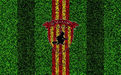 Benevento FC, 4k, logo, football lawn, Italian football club, yellow red lines, emblem, grass texture, Serie A, Benevento, Italy, football, Benevento Calcio