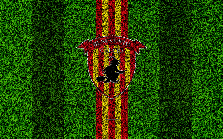 Benevento FC, 4k, logo, futbol &#231;im, İtalyan Futbol Kul&#252;b&#252;, Sarı Kırmızı &#231;izgiler, amblem, &#231;im doku, Serie, Benevento, İtalya, futbol, Benevento T&#252;rk