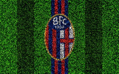 Bologna FC, 4k, logo, jalkapallo nurmikko, Italian football club, sininen punainen linjat, tunnus, ruohon rakenne, Serie, Bologna, Italia, jalkapallo