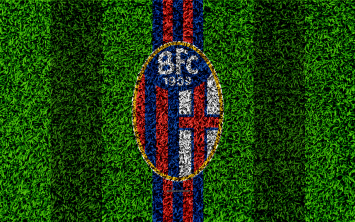 Bologna FC, 4k, logo, football lawn, Italian football club, blue red lines, emblem, grass texture, Serie A, Bologna, Italy, football
