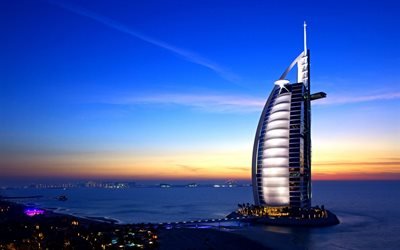Il Burj Al Arab, Dubai, EMIRATI arabi uniti, sera, tramonto, hotel di lusso, Emirati Arabi Uniti, indirizzo Burj Al Arab Jumeirah Strada