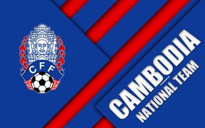 Kambodža jalkapallo maajoukkueen, 4k, tunnus, Aasiassa, materiaali suunnittelu, sininen punainen abstraktio, Jalkapalloliitto Kambodža, FFC, logo, Kambodža, jalkapallo, vaakuna
