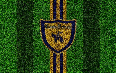 Chievo Verona FC, 4k, logo, football lawn, Italian football club, blue yellow lines, emblem, grass texture, Serie A, Chievo, Italy, football