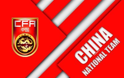 Kiinan jalkapallo maajoukkueen, 4k, tunnus, Aasiassa, materiaali suunnittelu, punainen valkoinen abstraktio, Kiinan Jalkapalloliiton, logo, Kiina, jalkapallo, vaakuna