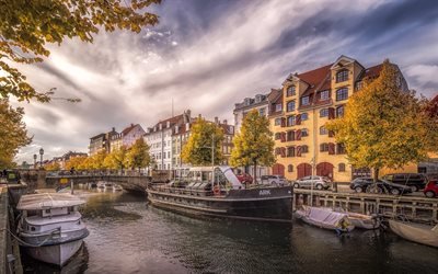 Copenhaga, casas, Dinamarca, canal, barcos, outono, capital da Dinamarca