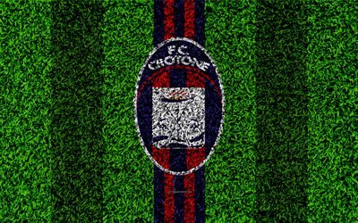 Crotone FC, 4k, logo, football lawn, Italian football club, blue red lines, emblem, grass texture, Serie A, Crotone, Italy, football