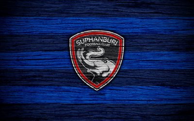Suphanburi FC, 4k, Tha&#239;landais de la Ligue 1, football, club de football, de Tha&#239;lande, de Suphanburi, le logo, la texture de bois