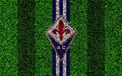 Fiorentina FC, 4k, logotipo, f&#250;tbol de c&#233;sped, italiano, club de f&#250;tbol, p&#250;rpura l&#237;neas en blanco, con el emblema de hierba de la textura, de la Serie a, en Florencia, Italia, el f&#250;tbol, la ACF Fiorentina