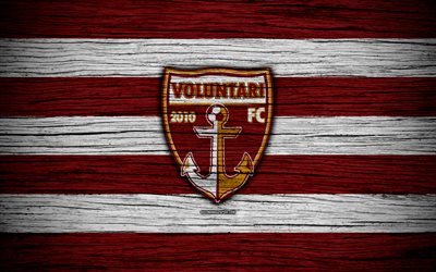 Voluntari FC, 4k, football, Romanian Liga I, soccer, football club, Romania, Voluntari, logo, Romanian league, wooden texture, FC Voluntari