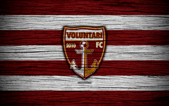 Voluntari FC, 4k, football, Romanian Liga I, soccer, football club, Romania, Voluntari, logo, Romanian league, wooden texture, FC Voluntari