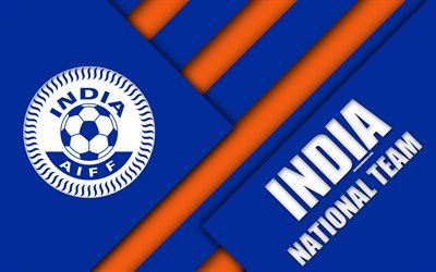 Intiassa jalkapallo maajoukkueen, 4k, tunnus, Aasiassa, materiaali suunnittelu, sininen oranssi abstraktio, logo, Intia, jalkapallo, vaakuna