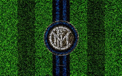 FC الدولية, 4k, شعار, كرة القدم العشب, الإيطالي لكرة القدم, الأزرق خطوط سوداء, بين الشعار, العشب الملمس, دوري الدرجة الاولى الايطالي, ميلان, إيطاليا, كرة القدم, انتر ميلان