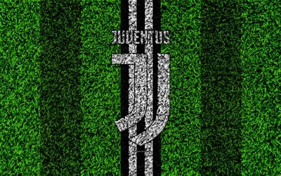 Juventus FC, 4k, logotyp, fotboll gr&#228;smatta, Italiensk fotboll club, vit svarta linjer, Juventus emblem, gr&#228;s konsistens, Serie A, Turin, Italien, fotboll