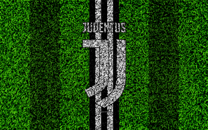 Juventus FC, 4k, logo, football pelouse, italien, club de football, blanc, noir lignes, embl&#232;me de la Juventus, de l&#39;herbe, de la texture, de la Serie A, &#224; Turin, en Italie, le football