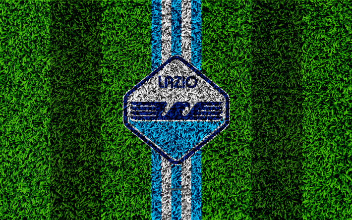 Lazio FC, 4k, logo, football lawn, Italian football club, white blue lines, emblem, grass texture, Serie A, Rome, Italy, football, SS Lazio