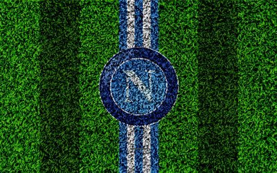 Napoli FC, 4k, logo, calcio prato, il calcio italiano di club, bianco righe blu, emblema, di erba, di texture, di Serie A, Napoli, Italia, calcio, SSC Napoli