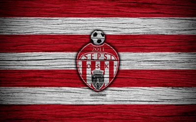 Sepsi FC, 4k, football, Romanian Liga I, soccer, football club, Romania, Sepsi OSK, logo, Romanian league, wooden texture, FC Sepsi