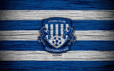 Politehnica IASI FC, 4k, football, Romanian Liga I, soccer, football club, Romania, CSM Politehnica IASI, logo, Romanian league, wooden texture, FC Politehnica IASI