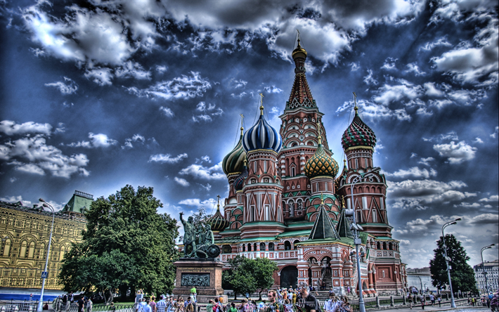 4k, سانت Basils الكاتدرائية, HDR, معالم الروسي, الصيف, روسيا, موسكو