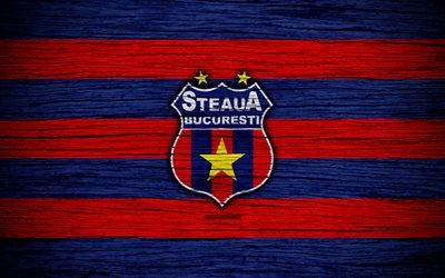 Steaua Bucharest FC, 4k, football, Romanian Liga I, soccer, football club, FCSB, Romania, Steaua Bucharest, logo, Romanian league, wooden texture, FC Steaua Bucharest