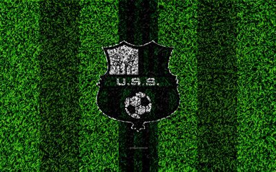 Sassuolo FC, 4k, logo, jalkapallo nurmikko, Italian football club, vihre&#228; musta linjat, tunnus, ruohon rakenne, Serie, Sassuolo, Italia, jalkapallo, MEILLE Sassuolo Calcio