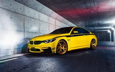 BMW M4, F82, 2018, amarillo coup&#233; deportivo, ajuste de color amarillo m4, oro ruedas, coches alemanes, BMW