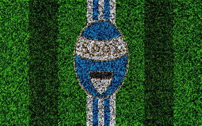 Spal FC, 4k, logo, calcio prato, il calcio italiano di club, blu bianco righe, emblema, di erba, di texture, di Serie A, Ferrara, Italia, calcio