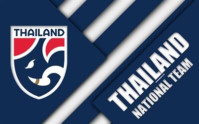 Thailand fotboll landslaget, 4k, emblem, Asien, material och design, bl&#229; vit abstraktion, Football Association of Thailand, logotyp, Thailand, fotboll, vapen
