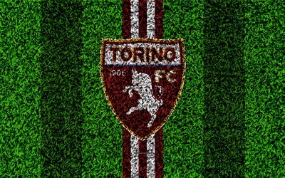 Il Torino FC, 4k, logo, calcio prato, il calcio italiano di club, cannella linee bianche, simbolo, erba, texture, Serie A, Torino, Italia, calcio