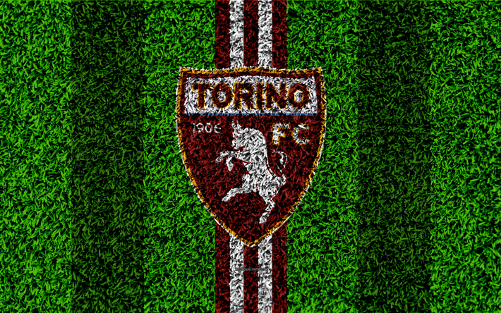 Il Torino FC, 4k, logo, calcio prato, il calcio italiano di club, cannella linee bianche, simbolo, erba, texture, Serie A, Torino, Italia, calcio